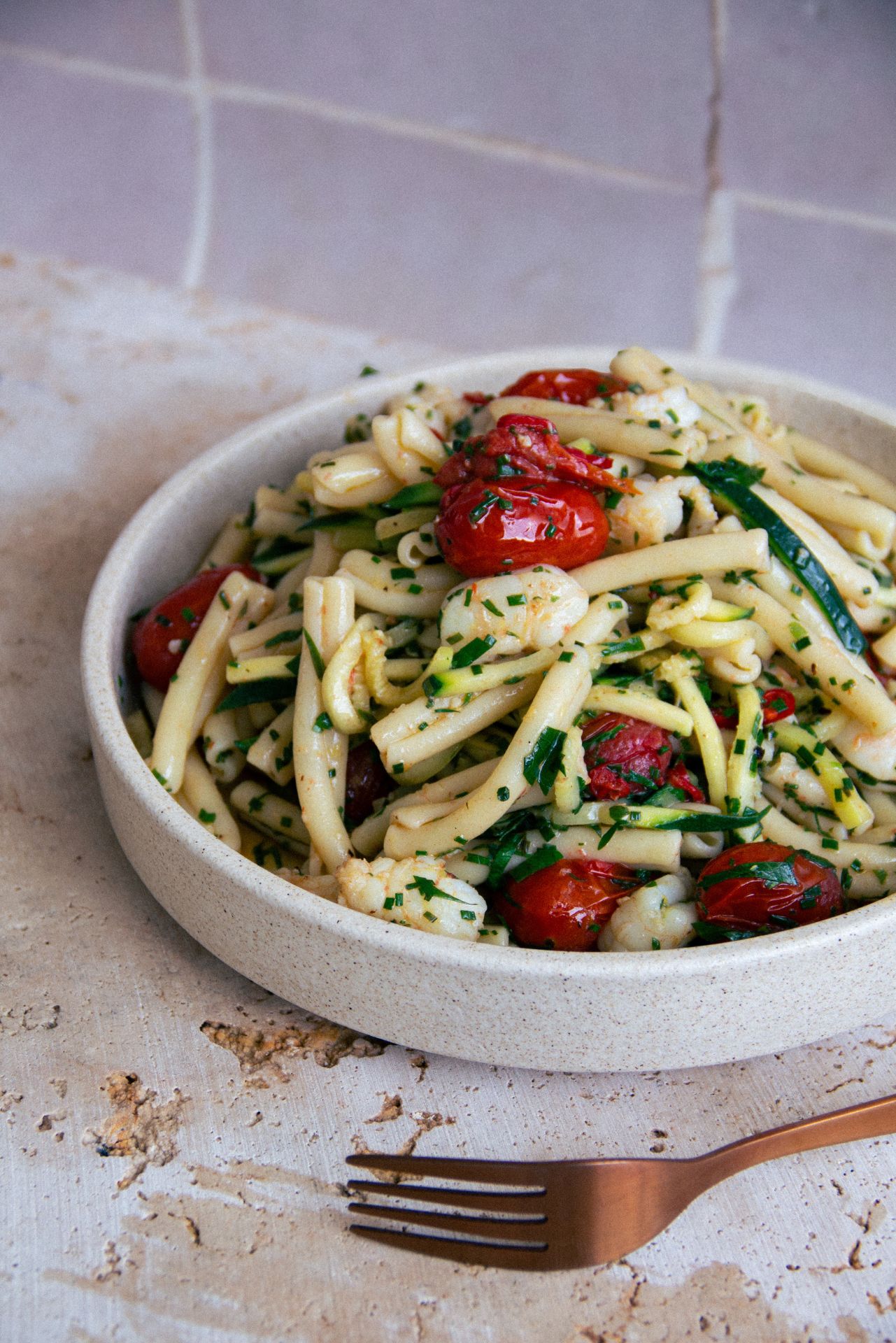 prawn, zucchini and tomato casarecce pasta