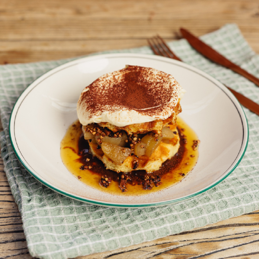 Tiramisu waffles dessert with cocoa and cream at LaManna Café Essendon Fields