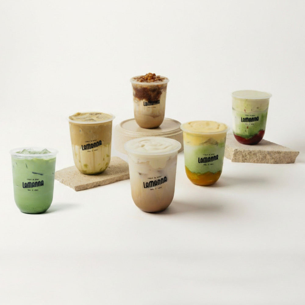 new iced drinks in a group photo including iced coffee, iced matcha, iced banana latte, iced pistachio latte, iced mango matcha