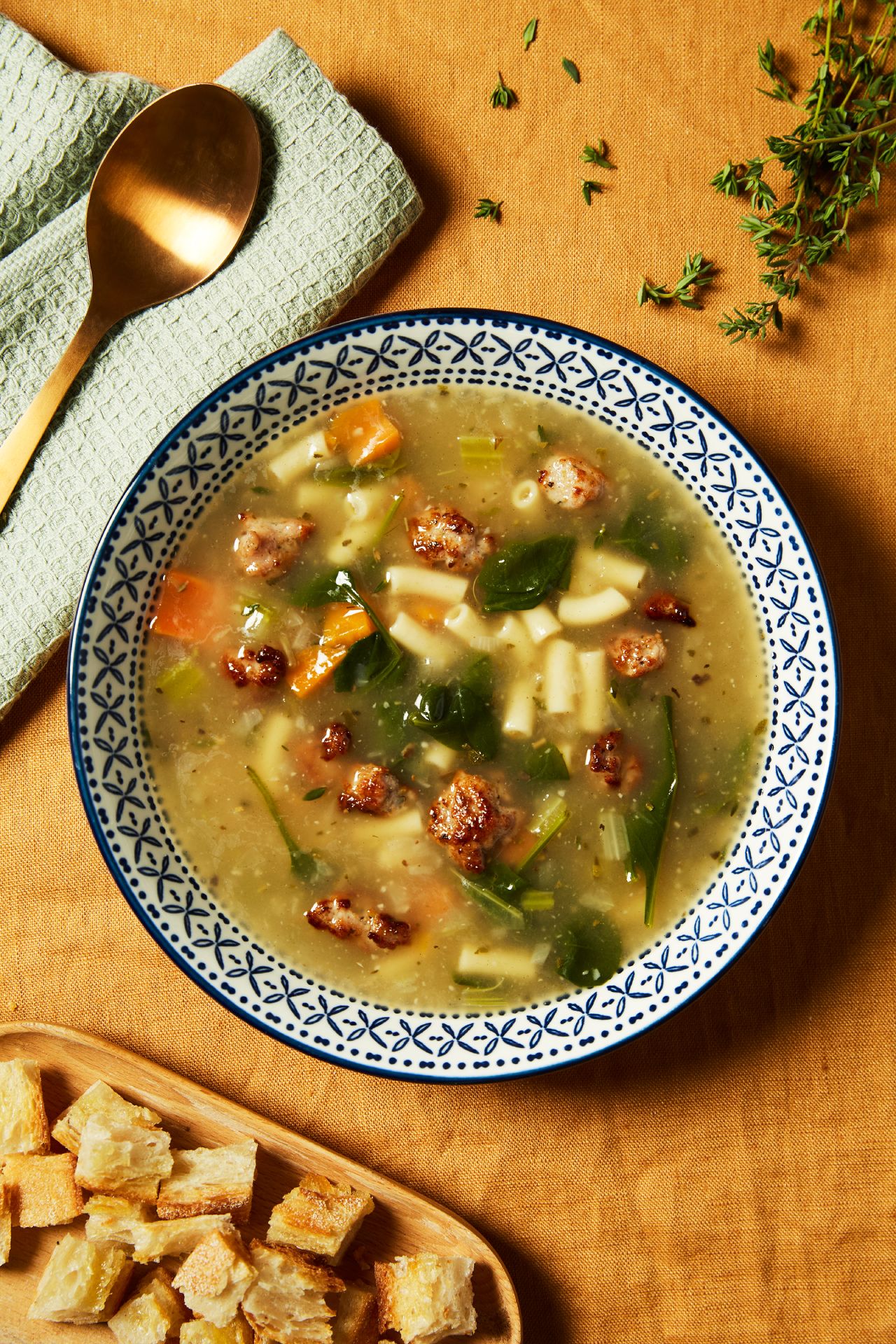 Italian Wedding Soup Recipe in a blue pattern bowl
