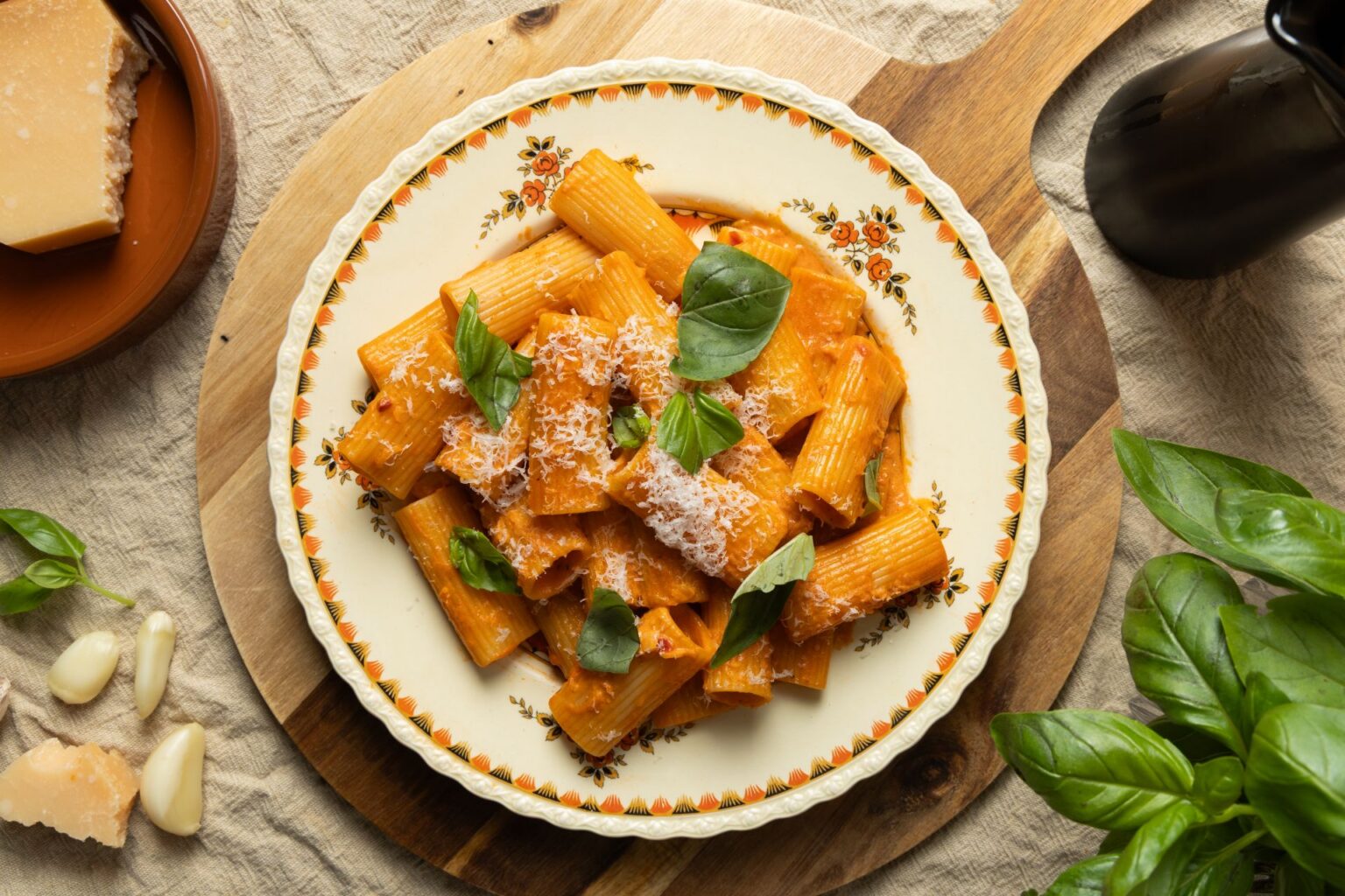 vodka pasta sauce recipe from lamanna in a plate on a serving board