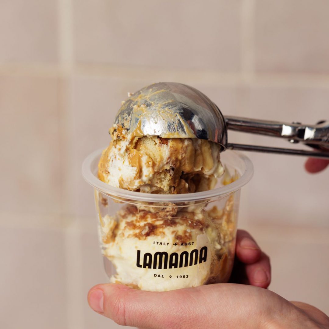 lamanna pudding being scooped into a transparent container