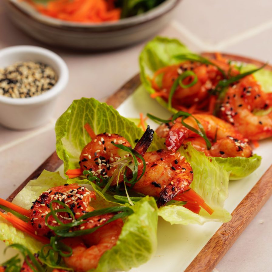 sweet chilli prawn lettuce cups on serving board